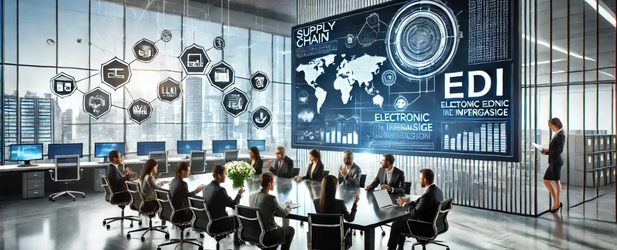 DALL·E-2024-07-09-11.58.34-A-modern-office-setting-with-a-diverse-group-of-professionals-collaborating-around-a-large-table-with-digital-screens-displaying-supply-chain-diagram